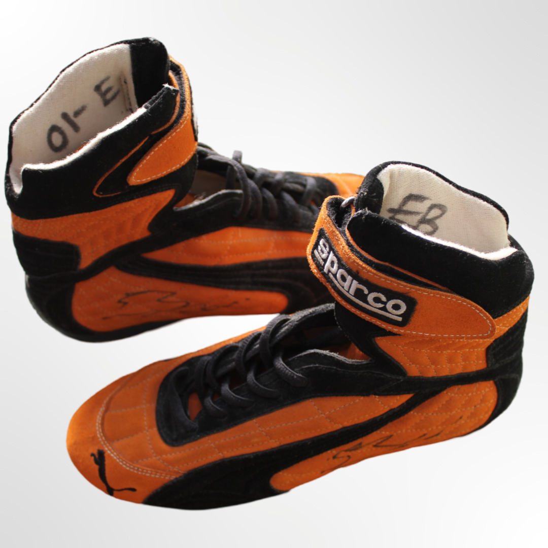 Enrique Bernoldi Signed Orange Arrows F1 Race Boots 